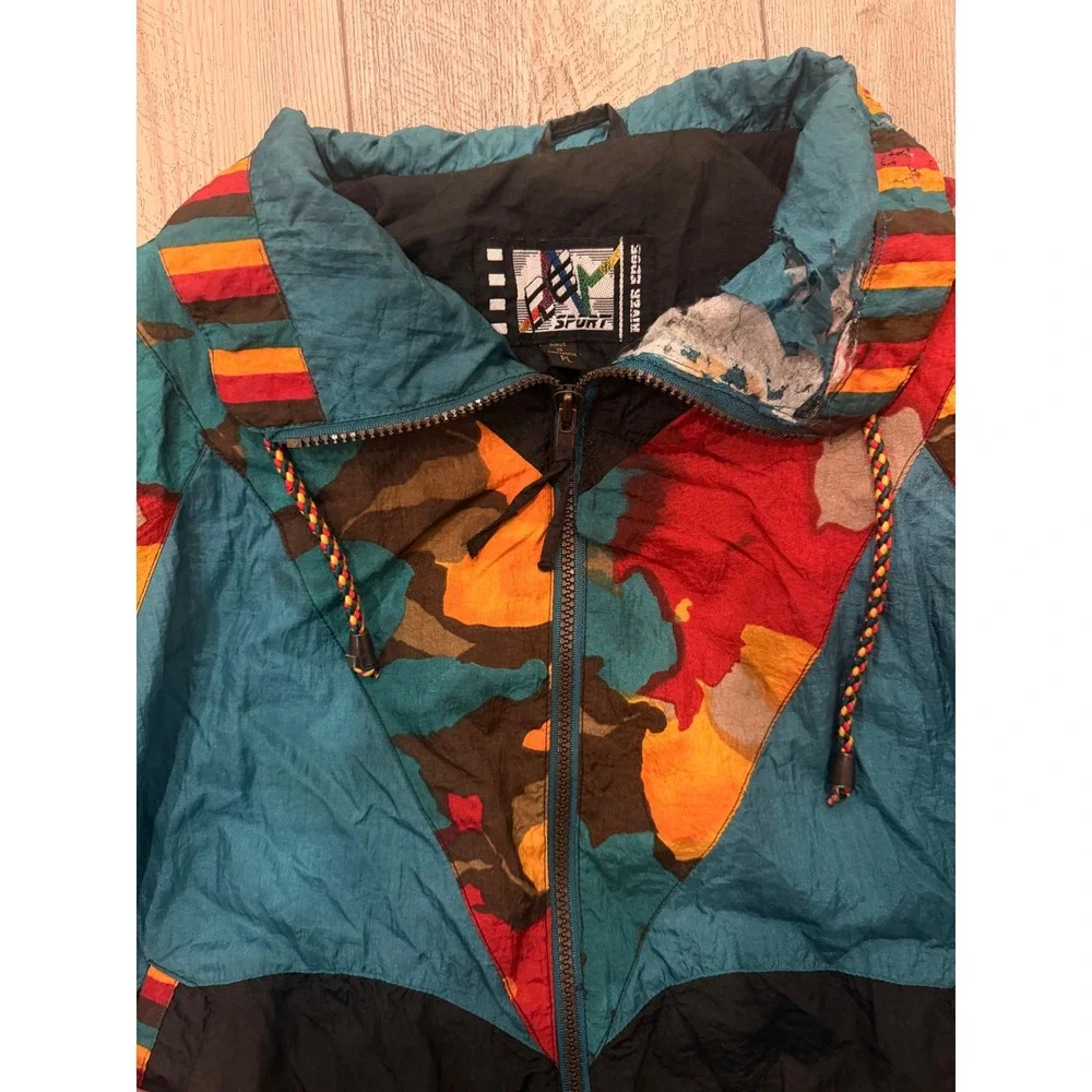 Vintage River Edge Sport Windbreaker Jacket Colorblock‎ Camo Teal Black PL
